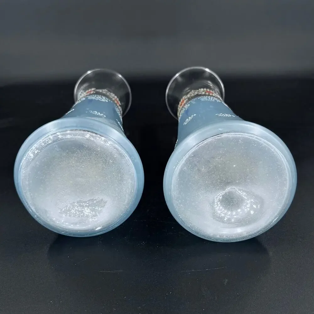 Elegant Vintage Light Blue Frosted Painted Glass Vases Set White Red Floral